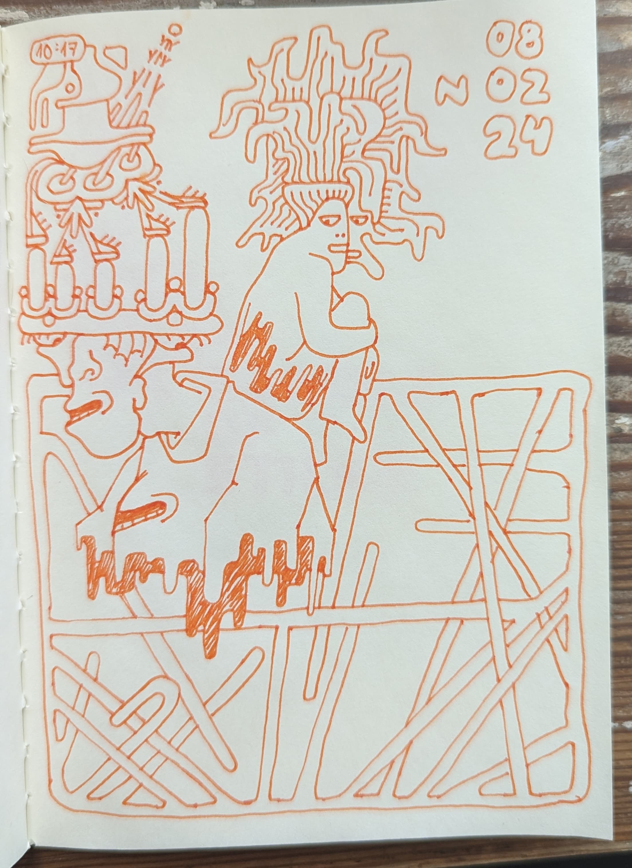 Doodle of two odd characters, one standing on the others shoulder