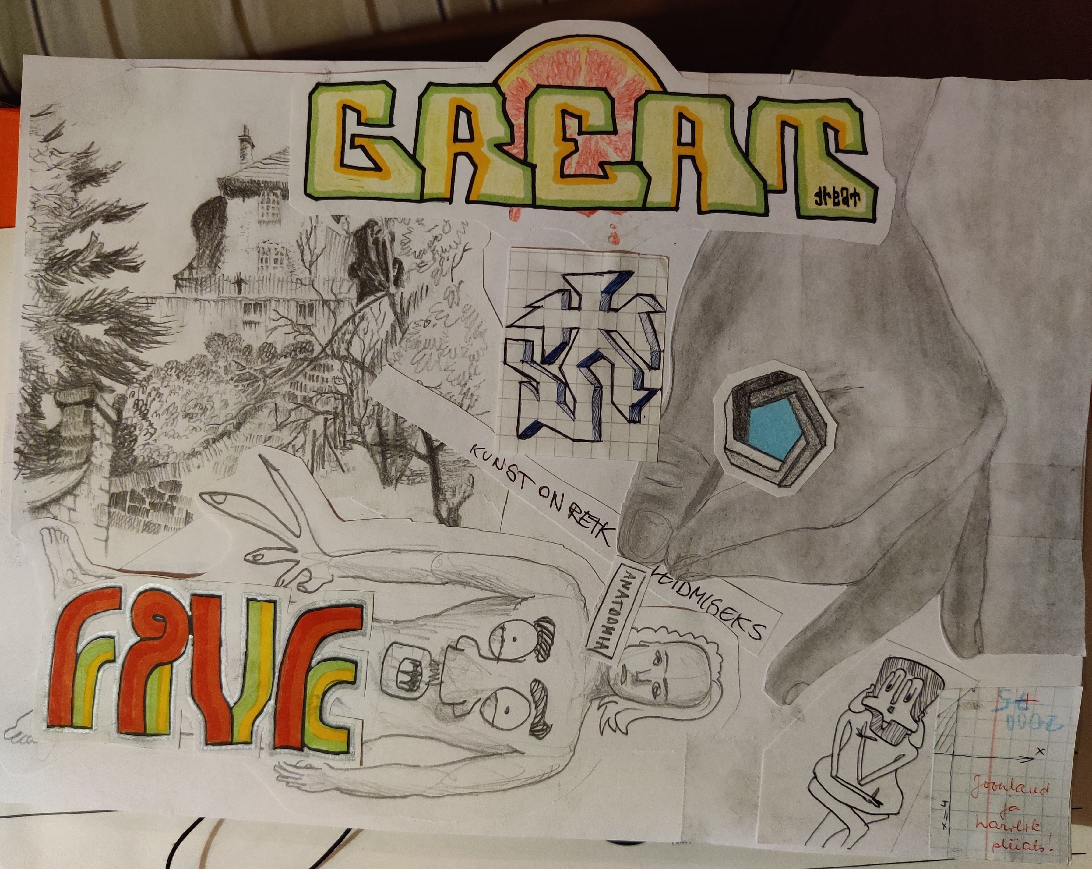 Doodle of lettering, a character and a pencil drawing of a view