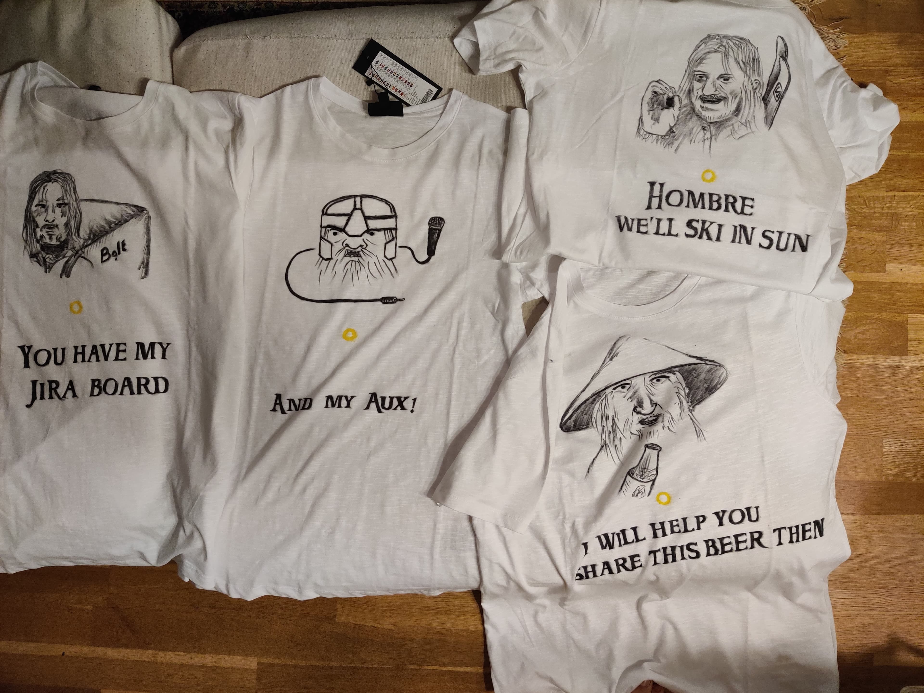Photo of white T-shirts with Lord of the Rings characters and personalized quotes, part 1